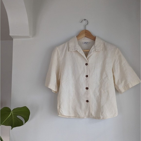 Tops - Tibetan Trader Hemp  & Cotton Cream Button Up Short Sleeve Collared Shirt